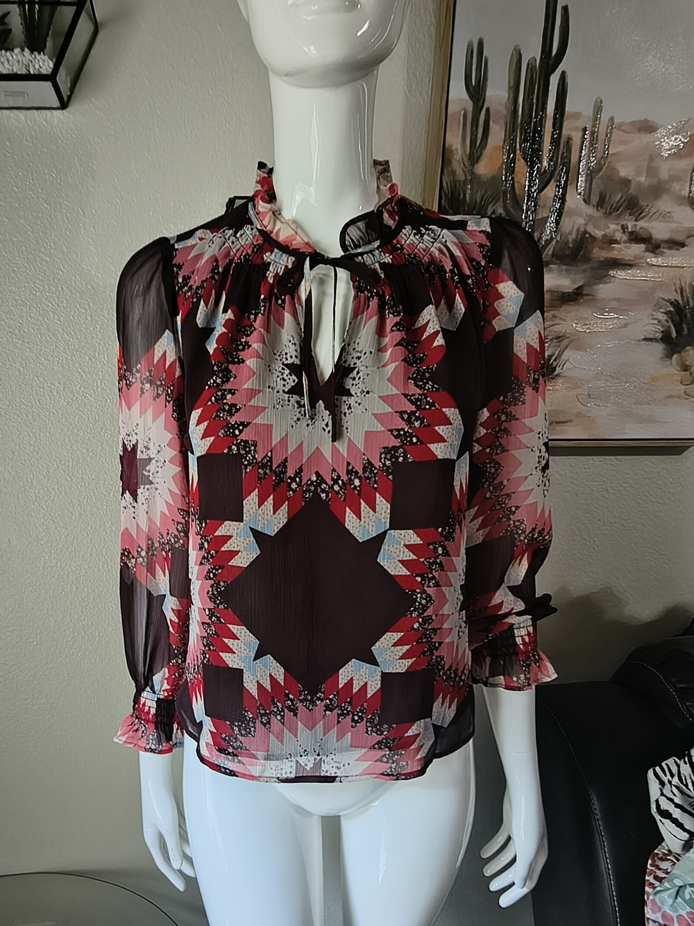 LOFT Geometric Print Sheer Tie-Neck Blouse - Pink & Black